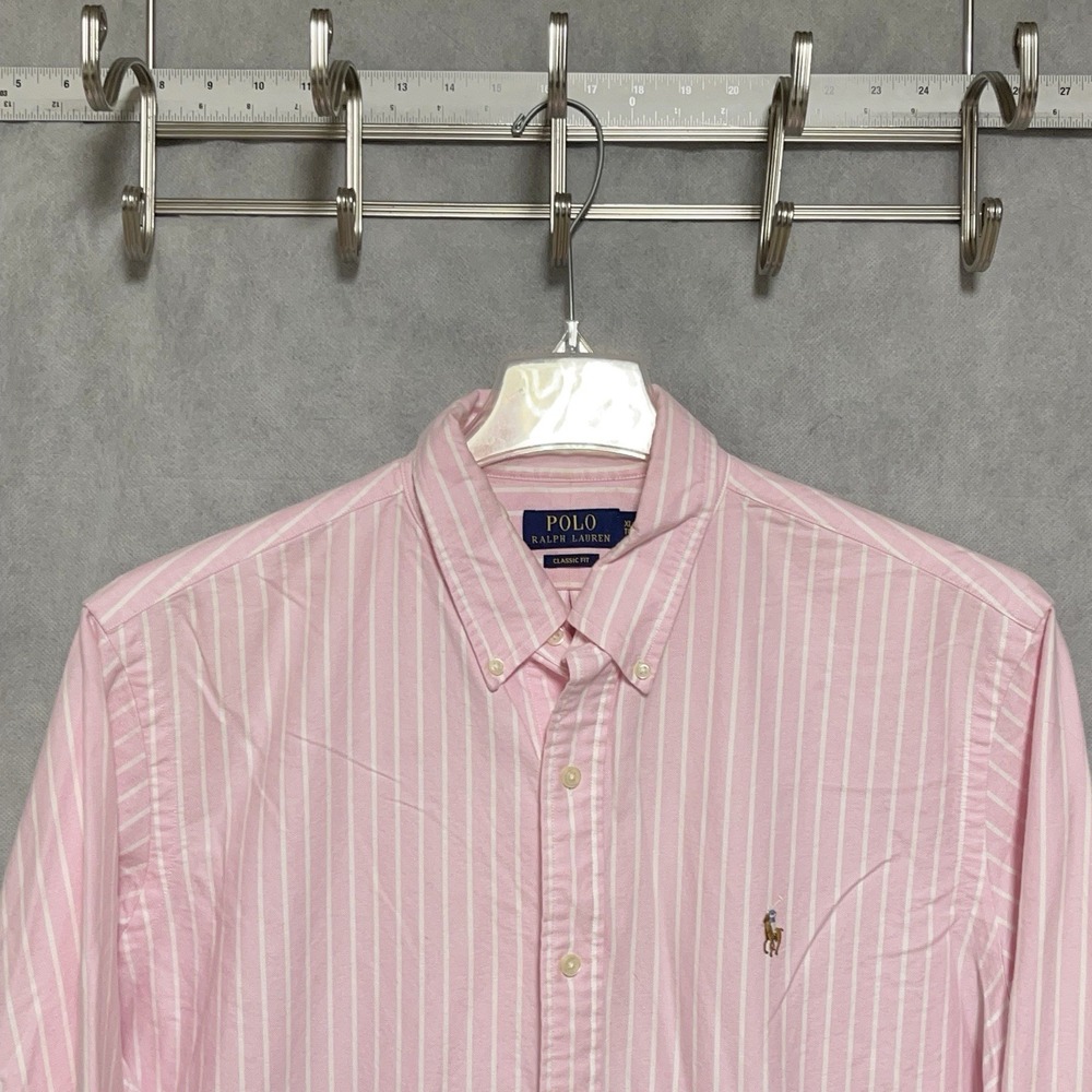 Polo Ralph Lauren Shirt Men XL Pink White Stripe OCBD Flesh Pony Oxford Academia